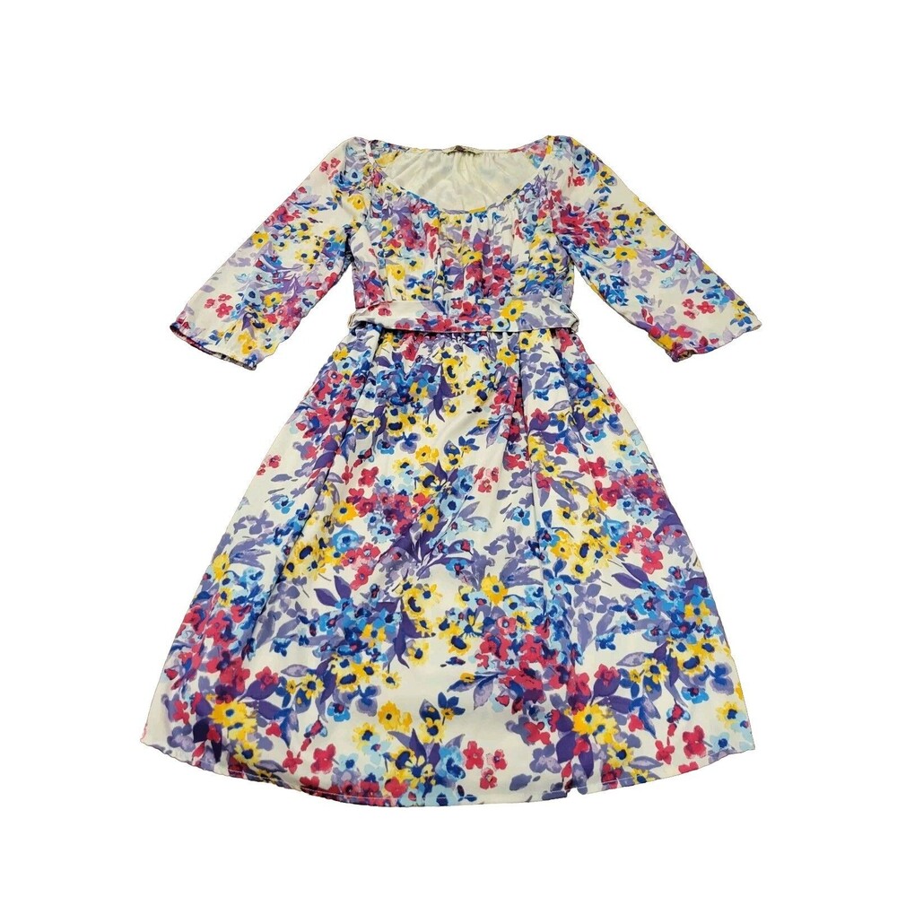 Old Navy Dress Size Medium Multicolor Floral 3/4 Sleeves Tie Back Coquette